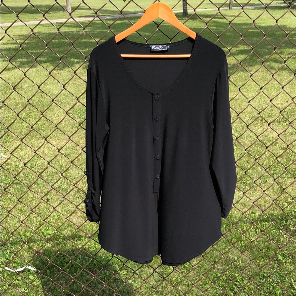 SYMPLI Henley Black Size 16 Top Ruched 3/4 Sleeve Faux 5- Button Front #1231